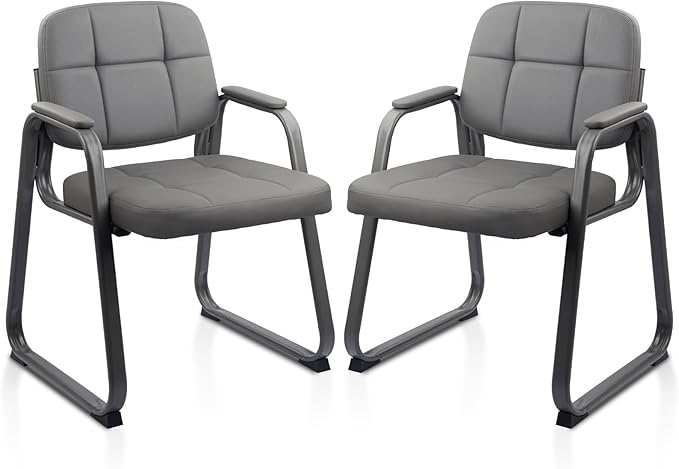 CLATINA Waiting Room Guest Chair with Bonded Leather Padded Arm Rest for Office Reception and Conference Desk Black with Sled Base Grey 2 Pack-DeskLoop Office