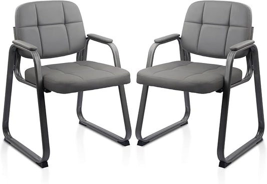 CLATINA Waiting Room Guest Chair with Bonded Leather Padded Arm Rest for Office Reception and Conference Desk Black with Sled Base Grey 2 Pack-DeskLoop Office