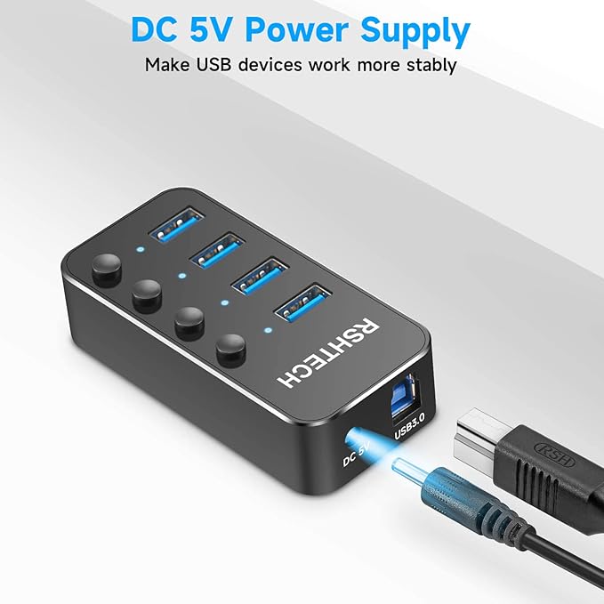 USB 3.0 Hub RSHTECH 4 Port Powered USB 3.0/USB C Hub Upgraded Version with 2-in-1 3.3ft USB Cable,5V Power Adapter and Individual Switches, Portable Aluminum USB Splitter for Laptop and PC, RSH-ST04-DeskLoop Office
