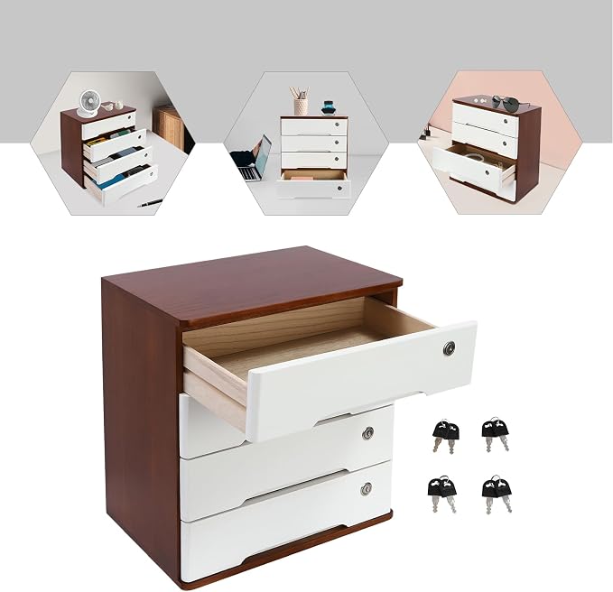 Lockable Desk Organizer Wooden Desktop Drawers Office Flat Files Storage Box - Image 9