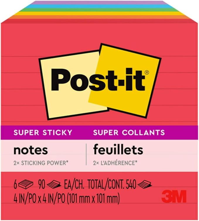 Post-it Super Sticky Notes, 4 x 4 in, Playful Primaries, 6 Lined Pads | School - Image 12