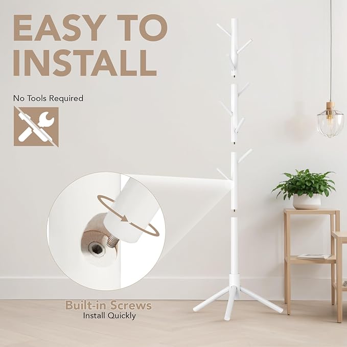Wooden Tree Coat Rack Stand,Sturdy Freestanding Coat Rack with 8 Hooks,3 Adjustable Height for Child Adult,Wood Coat Stand Tree Fits Entryway Bedroom Office for Bags,Hats-DeskLoop Office