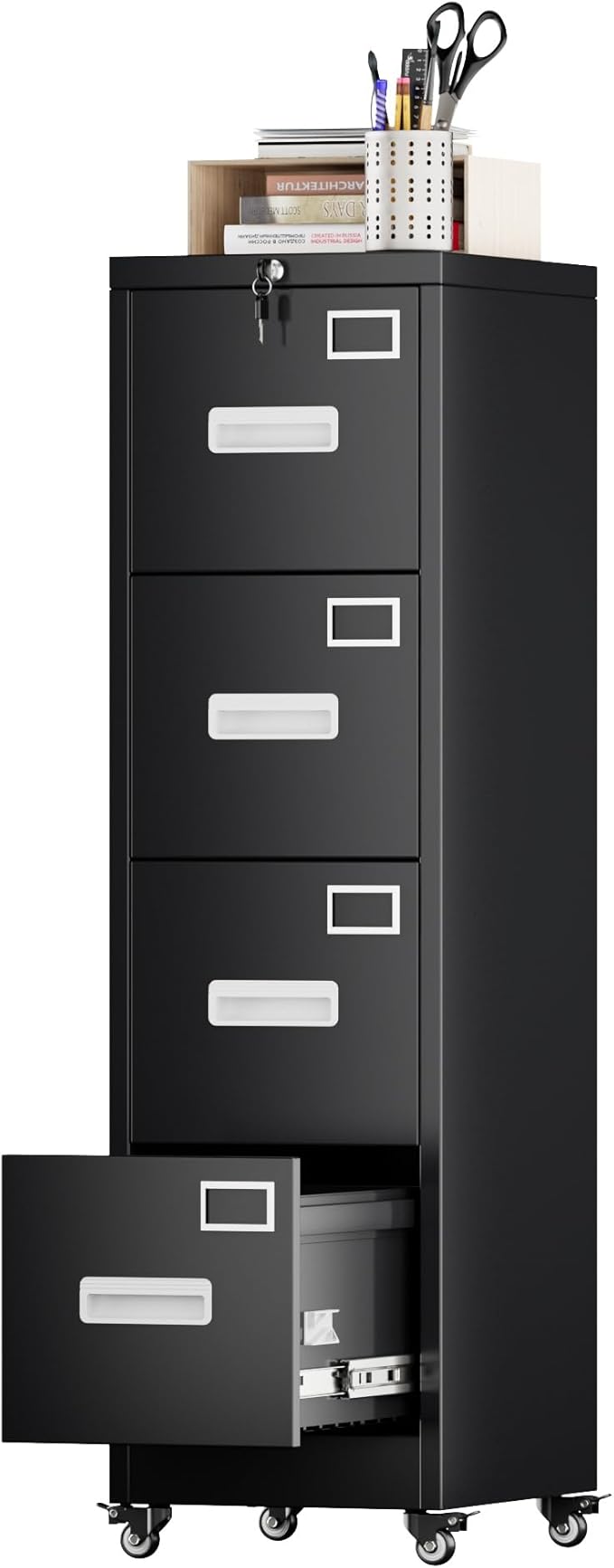 Aobabo 56" H 4 Drawer Moblie File Cabinet with Lock, Metal File Cabinet for Home Office with Wheels, Storage Legal/Letter A4 Size, Black, Assembly Required-DeskLoop Office