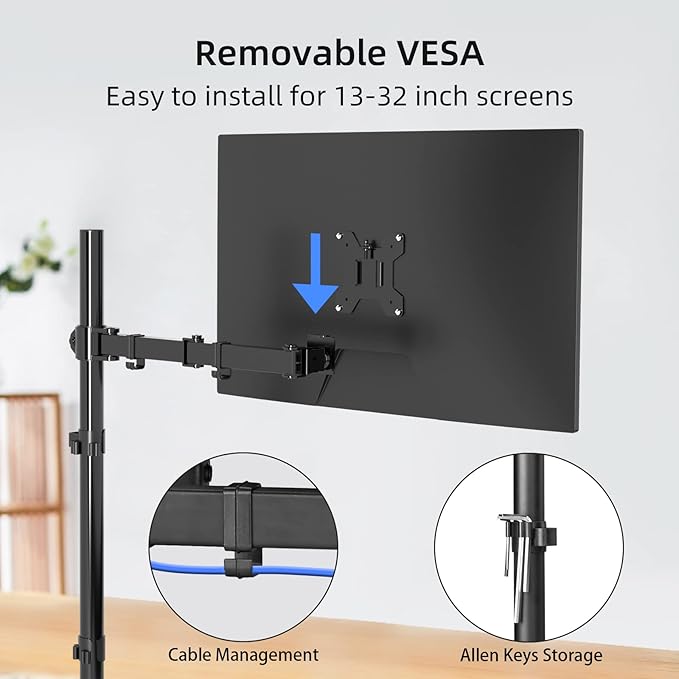 Suptek Single Monitor Arm Desk Mount Fully Adjustable Monitor Stand for 1 / One Screen up to 32 inch Extra Tall 31.5 inch Pole,Black (MD6821)-DeskLoop Office