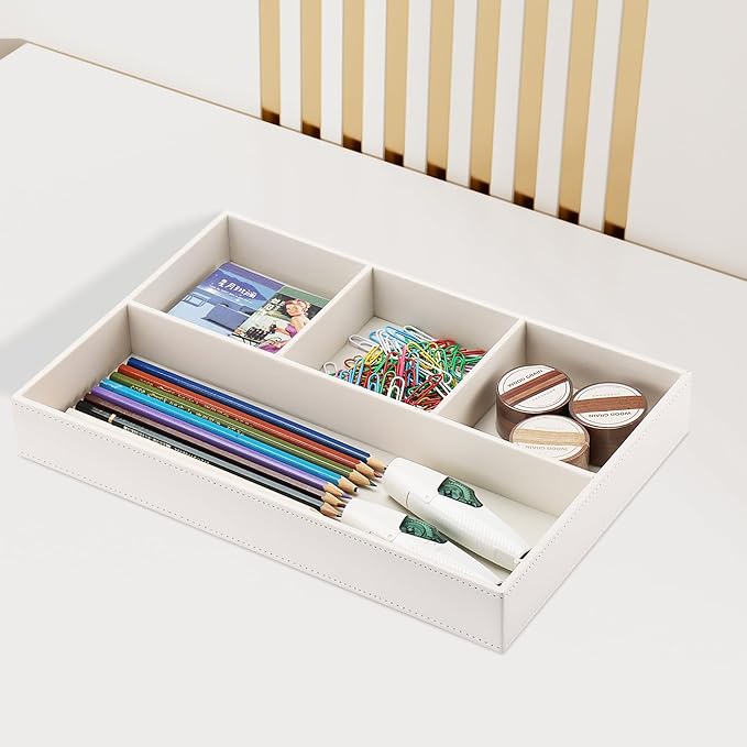 KINGFOM PU Leather Desk Drawer Organizer, 4 Compartment Office Supplies Stationery Storage Tray, Desk Organizers and Accessories Drawer Organizer Tray for Home, Makeup, Jewelry Stackable White-DeskLoop Office
