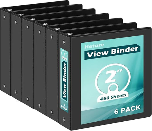 3 Ring Binder 2 Inch 6 Pack,2" Clear View with Round Rings, PVC-Free,Holds for 450 Sheets 8.5X 11 US Letter Size Paper, Durable Black Binders Perfect for Office,School and Home-DeskLoop Office