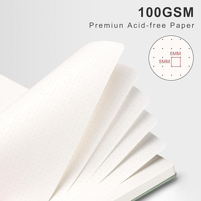 RETTACY Bullet Dotted Journal Notebook, 110 Pages, A4 Large Size (8.5" × 11"), Leather Hardcover, 100 GSM Thick Paper, Spiral-bound, for Bullet Journaling, Planning, Tracking (Light Green)-DeskLoop Office