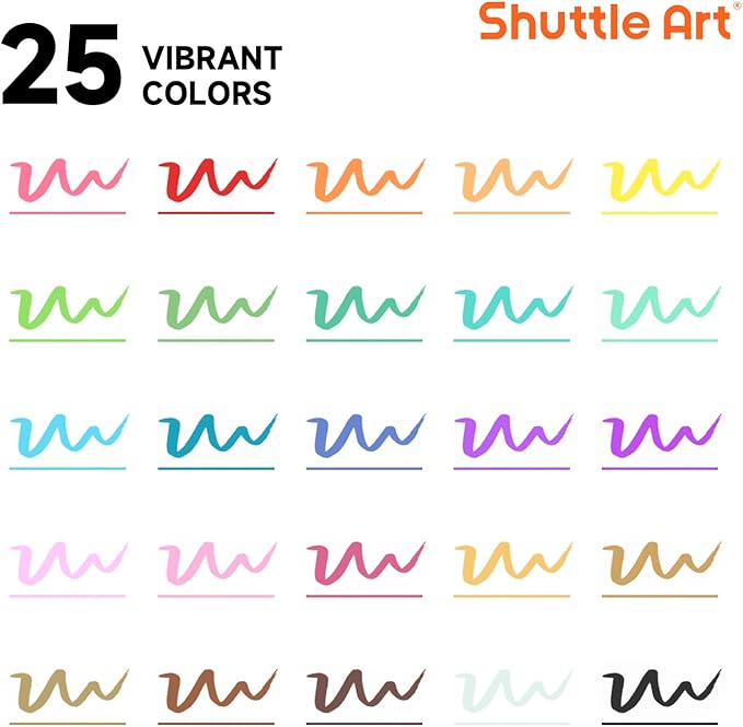 Shuttle Art Dual Tip Brush Marker Pens, 25 Colors Water-based Ink, Fine and Brush Tip Marker Set with 1 Coloring Book for Kids Adult Artist Calligraphy Hand Lettering Journal Doodling Writing-DeskLoop Office