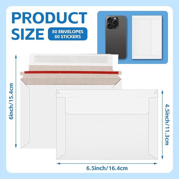80 Pack 6.5x4.5 inch Rigid Mailers, Self Seal Photo Envelopes Protective Flat - Image 2