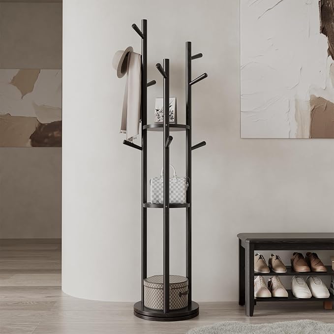 Solid Wood Rotary Coat Rack, Freestanding Coat Rack with 3 Shelves and 9 Hooks, Coat tree for Bedroom, Entryway, Livingroom, Coat Hanger Stand for Coats, Scarves, Handbags (Black)-DeskLoop Office