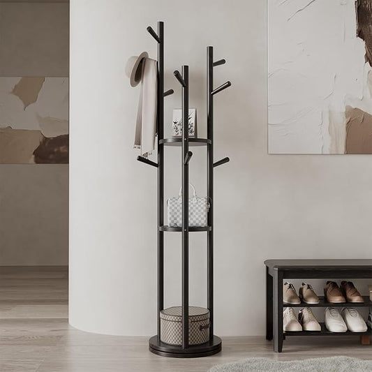 Solid Wood Rotary Coat Rack, Freestanding Coat Rack with 3 Shelves and 9 Hooks, Coat tree for Bedroom, Entryway, Livingroom, Coat Hanger Stand for Coats, Scarves, Handbags (Black)-DeskLoop Office