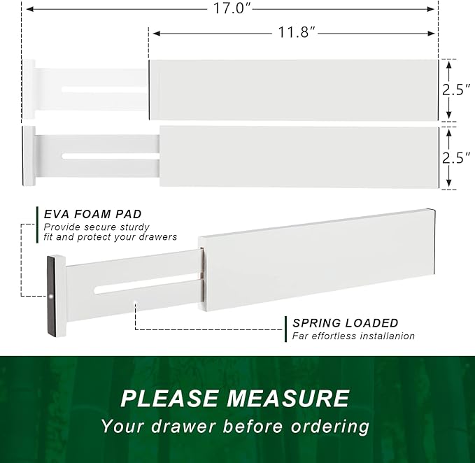 FJO 4 Pack Adjustable Bamboo Drawer Dividers - 11.8" - 17" Expandable Drawer Separators for Kitchen, Utensils, Clothes, Bedroom, Dresser, Bathroom (White)-DeskLoop Office