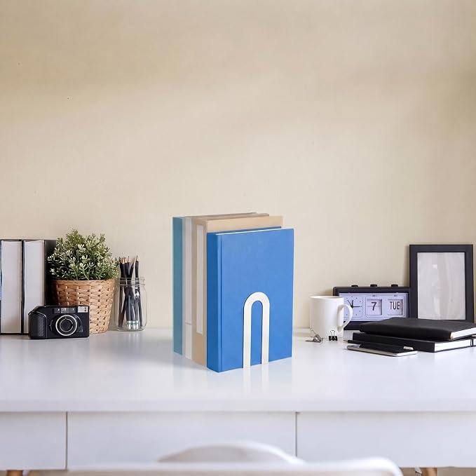 Chunful 4 Pcs White Book Ends for Shelves Modern Metal Bookends Decorative - Image 7