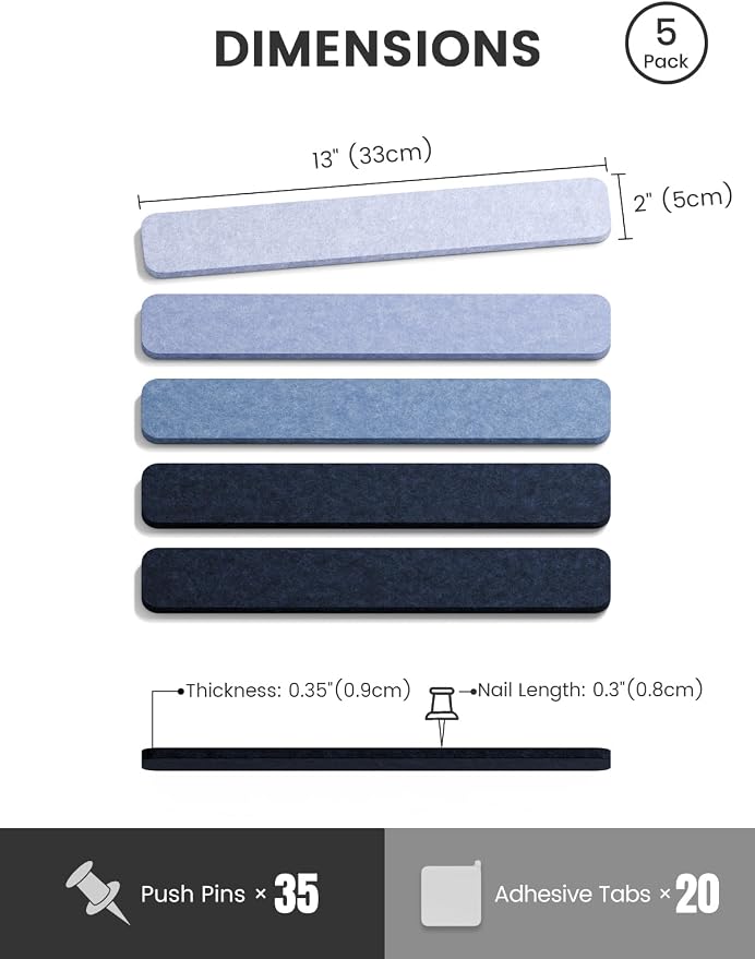 Fluxynara Cork Board Alternative Felt Strip Board 5-Pack 13"x2", Office Pin - Image 2