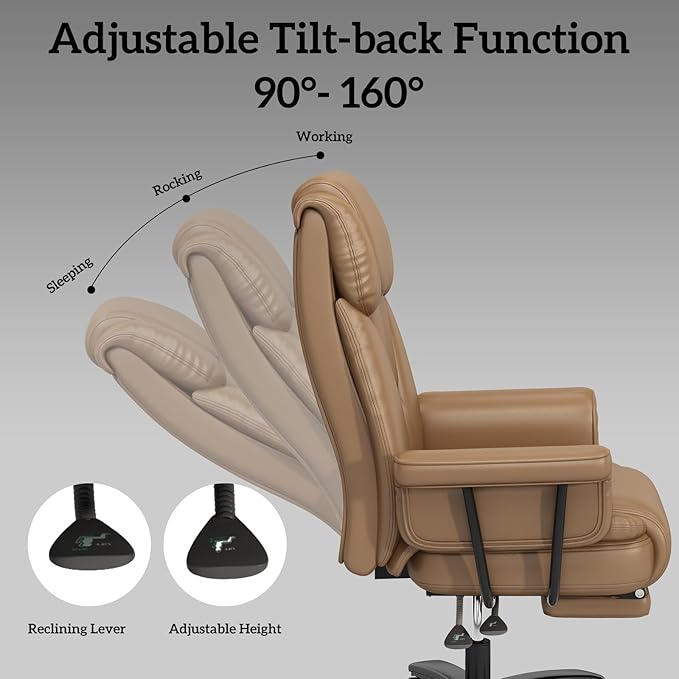 GYI Criss Cross Chair with Wheels, 160°Big and Tall Reclining Office Desk Chair with High Back, Wide Seat, Arms, Footrest, Brown-DeskLoop Office