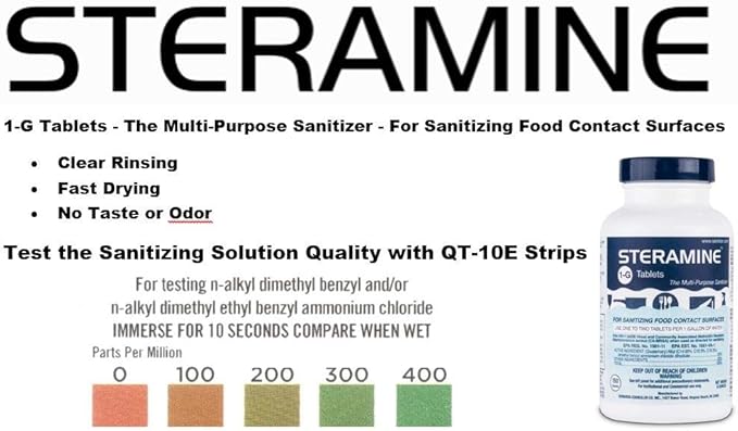 2 Bottles Steramine Sanitizer Tablet 15xQT-10 Test Strip, Multi Purpose Steramine Sanitizing Tab for Food Contact Surface Kitchen, Restaurant, Diner & Food Service by FryOilSaver Co. (300 Tablets)-DeskLoop Office
