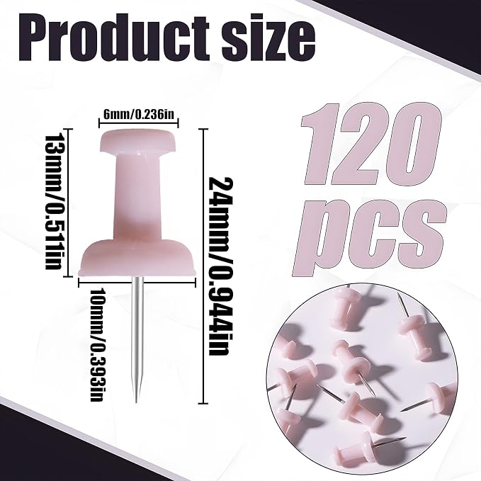 VAPKER Push Pins Tacks 120Pcs Solid Baby Pink Thumb Tacks Larger Size Pin Map - Image 2