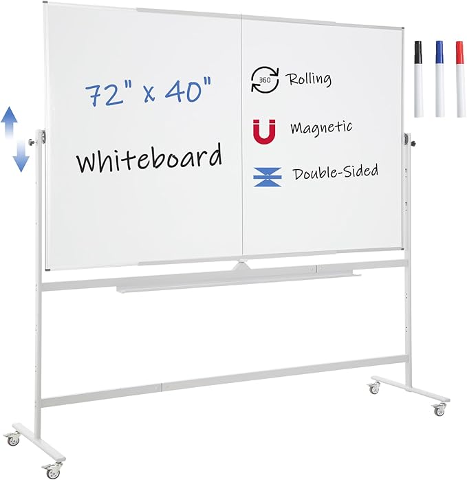 FORTUNO Large Magnetic Mobile Whiteboard 72"x40", Rolling Double Sided Stand Whiteboard on Wheels, Reversible Adjustable Height/Angle Dry Erase Board Easel White Board for Office Classroom-DeskLoop Office