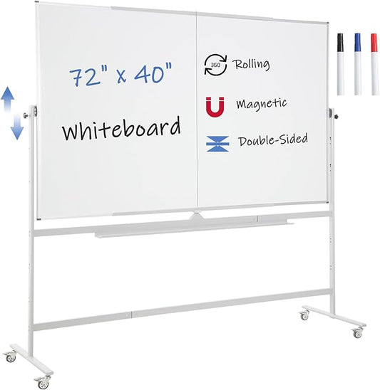 FORTUNO Large Magnetic Mobile Whiteboard 72"x40", Rolling Double Sided Stand Whiteboard on Wheels, Reversible Adjustable Height/Angle Dry Erase Board Easel White Board for Office Classroom-DeskLoop Office