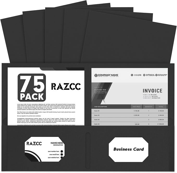 Two Pocket Folders, RAZCC 75 Pack 2 Pocket Folders Fit Letter Size Paper by RAZCC