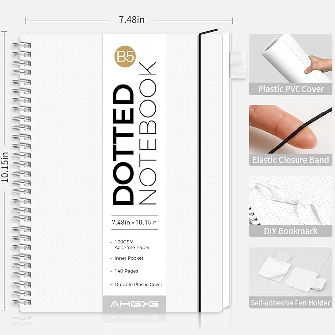 AHGXG Bullet Dotted Journal - Dot Grid Spiral Notebook B5, 140 Pages, 100 GSM Thick Paper, Waterproof Plastic Cover Journals for Bullet Journaling, Sketching, 7.6" x 10", Transparent-DeskLoop Office