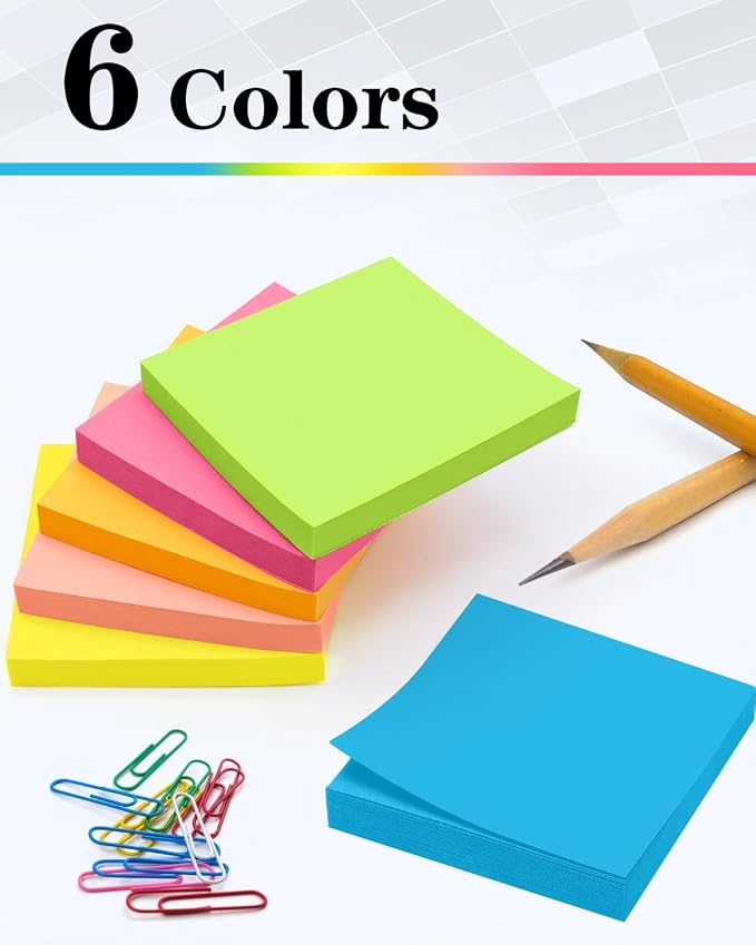 Sticky Notes 3x3 Inches, Self-Stick 48 Pads Bulk, 100 Sheets/Pad, 6 Bright - Image 4