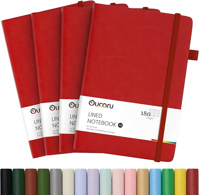 Oucaru Lined Journal Notebook, 4 Pack, 180 Pages, A5 Journals by Oucaru