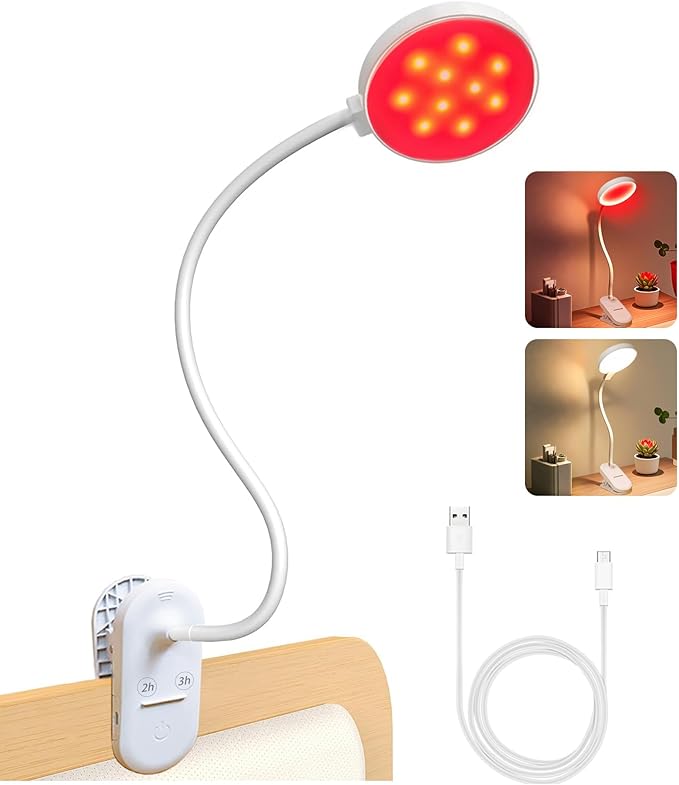SZOKLED Red Light Reading Lights for Books in Bed, Clip on Lamp with Timer & Dimmable, Rechargeable Eye Care Night Light for Bedroom, Desk, Laptop, Headboard-DeskLoop Office