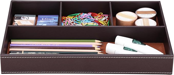 KINGFOM Pu Leather Desk Organizer Tray, 4 Compartment Office Storage Supplies Stationery Drawer Tray, Nightstand Bedside Tray for Key, Wallet, Watch, Coin, Phone Valet Tray Stackable-DeskLoop Office