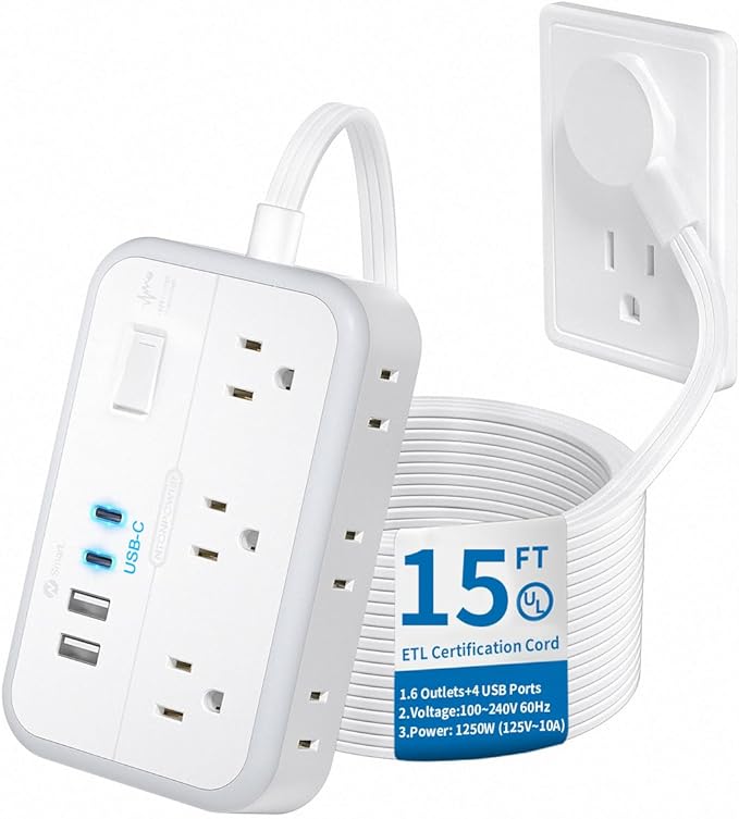 Flat Extension Cord 15 ft, NTONPOWER Surge Protector Power Strip with 6 Widely Outlets 4 USB Ports(2 USB C), Flat Plug, Wall Mounted, Side Outlet Extender for Indoor, Home Office, Dorm Room Essentials-DeskLoop Office