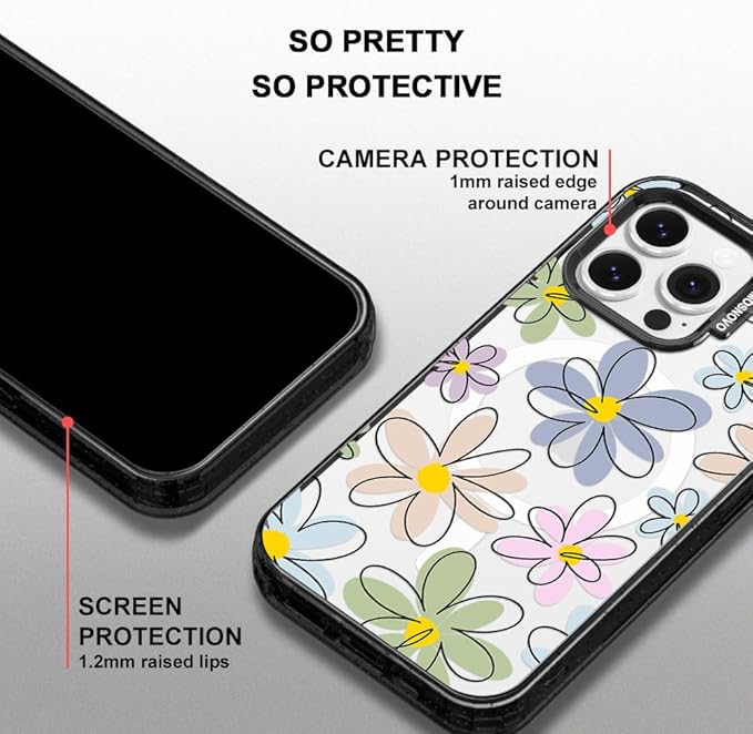 MOSNOVO Magnetic Case for iPhone 14 Pro Max, 10ft Military-Grade Protection, Compatible with Magsafe, Shockproof Phone Case for iPhone 14 Pro Max - Linear Blooms - Clear Black-DeskLoop Office