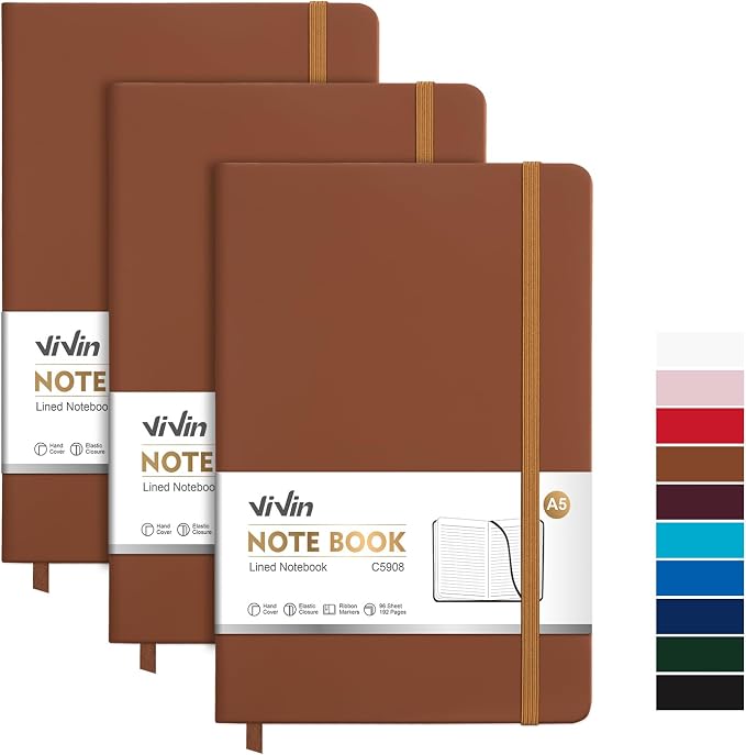 ViVin Lined Journal Notebooks, 3 Pack, 192 Pages, Medium 5.5 x 8.3 inch by ViVin