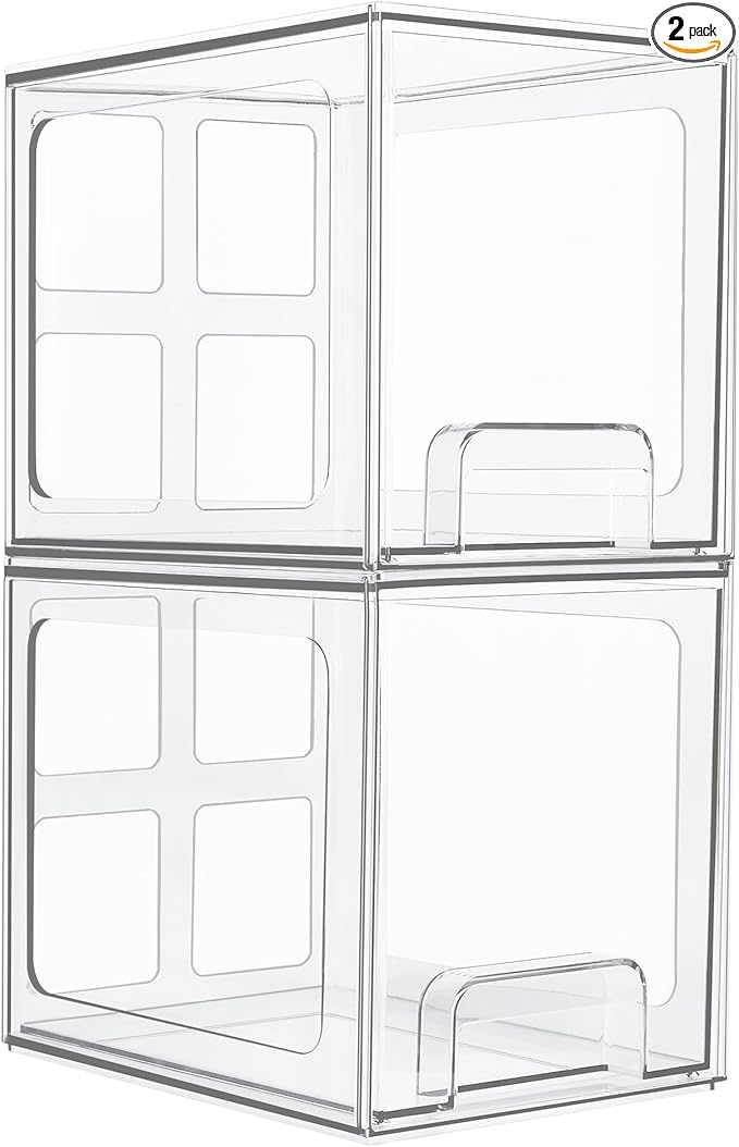 Vtopmart 2 Pack Stackable Storage Drawers, 6.6''Tall Acrylic Bathroom Makeup Organizers,Clear Plastic Storage Bins For Vanity, Undersink, Kitchen Cabinet,Pantry Organization and Storage-DeskLoop Office