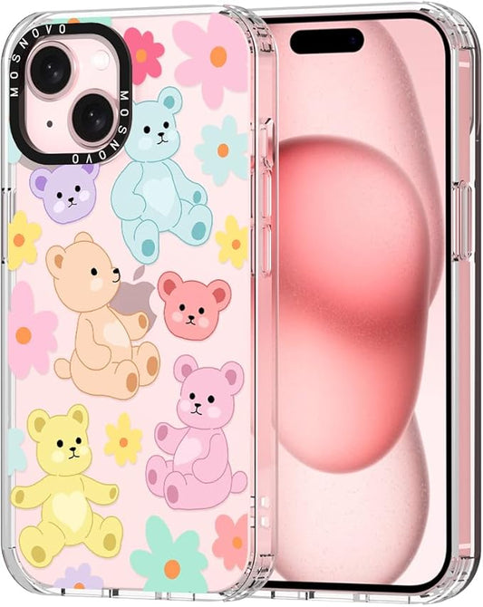 MOSNOVO Case for iPhone 15, [Buffertech 6.6ft Military-Grade Drop Protection] [Anti Peel Off Tech] Clear TPU Bumper Phone Case Cover Design - Cute Teddy Bear-DeskLoop Office