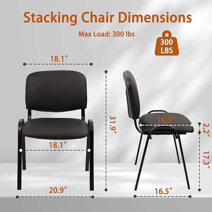 CLATINA Stacking Waiting Room Chairs, PU Leather Armless Office Guest Chair with Metal Frames, Stackable Conference Room Chairs No Wheels for Reception Lobby Side Meeting Training School, Black-DeskLoop Office