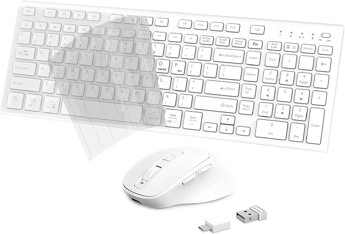 FENIFOX Wireless Keyboard Mouse Combo, Ergonomic Rechargeable Silent Quiet Slim Compact Full-Size USB C with Number Pad Flat Soft Cover for PC Computer Laptop Mac MacBook iMac TV Windows OS - White-DeskLoop Office
