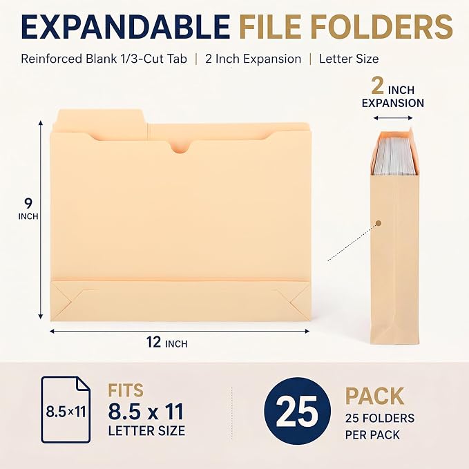 25 Pack Manila File Jacket, 2 Inch Expandable File Folders - Image 2