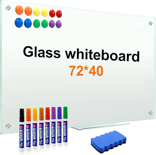 H-Qprobd Dry Erase White Board for Wall 72"x40" Magnetic Glass Frameless Whiteboard Mount for Home School Supplies or Home Office Decor, Includes 8 Magnets, 8 Markers and 2 Erasers-DeskLoop Office