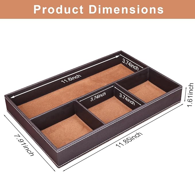 KINGFOM Pu Leather Desk Organizer Tray, 4 Compartment Office Storage Supplies Stationery Drawer Tray, Nightstand Bedside Tray for Key, Wallet, Watch, Coin, Phone Valet Tray Stackable-DeskLoop Office