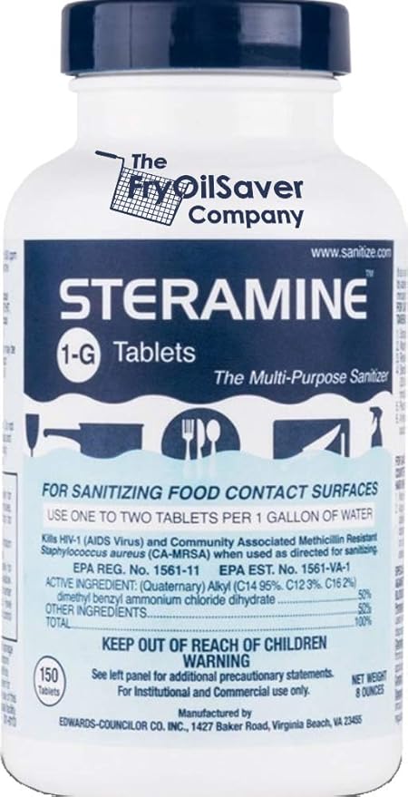 4x Steramine Sanitizer Tablet Bottle by FryOilSaver Co., 4-Pack(600 Tablets) Multi Purpose Sanitizing Tablets for Food Contact Surface, Kitchen, Restaurant Cleaning w/ 15x Test Kit of QT-10 Test Strip-DeskLoop Office
