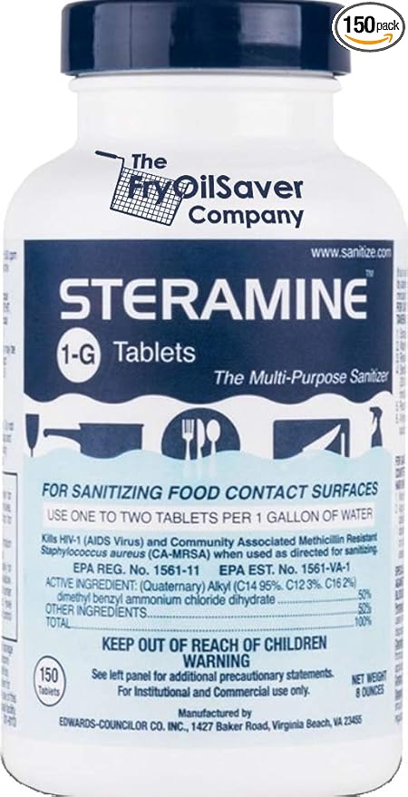 1 Bottle Steramine Tablet, Steramine Multi Purpose Sanitizer Tablet for Food Services, Food Contact Surfaces, Bar, Hotel Kitchen, Busy Diners, Restaurants & FoodTrucks by FryOilSaver Co. (150 Tablets)-DeskLoop Office