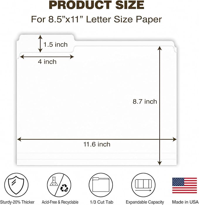 White File Folders 100 Pack, Letter Size 8.5 x 11, 1/3-Cut Tab Folders - Image 2