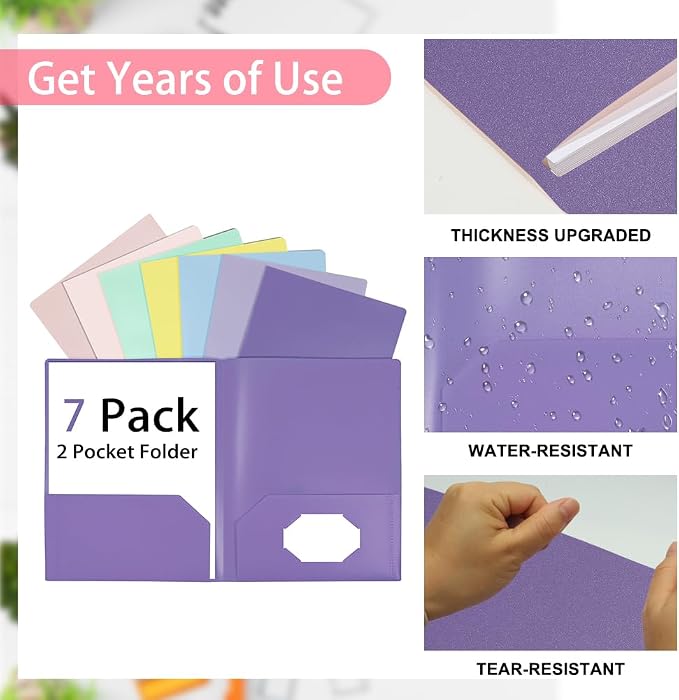 7 Pack Plastic Folders with Pocket, 2 Pocket Folder, File Folders with Business - Image 3