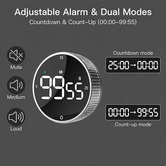 Rechargeable Magnetic Kitchen Timer, LED Countdown/Up Timer, Supports USB-C - Image 6