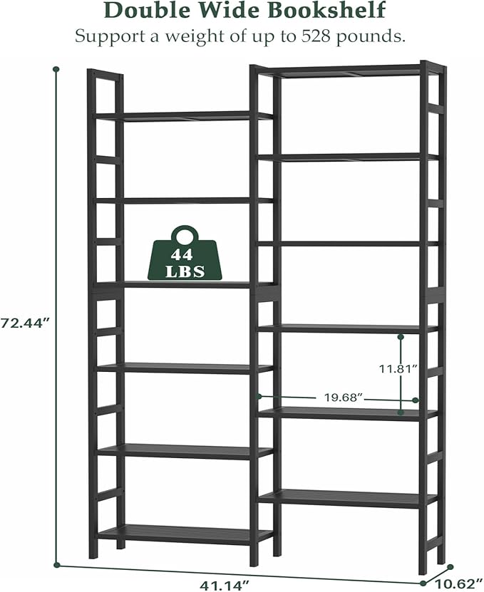 Homykic Double Wide Bamboo Bookshelf Black, 6-Tier Large Open Bookcase with 12 Display Shelves, 6ft Tall Freestanding Book Shelf for Home Office, Bedroom, Living Room, Plants-DeskLoop Office