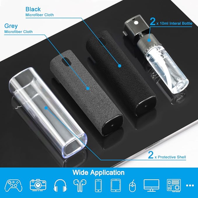 2 Pack Screen Cleaner Spray and Wipe for Laptop Monitor and Car Screens, Phone Touchscreen Mist Cleaning Kit for Cellphone, Tablet, PC, Computer, LCD, Eyeglass, iPhone, iPad, Mac Pro - Black and Grey-DeskLoop Office