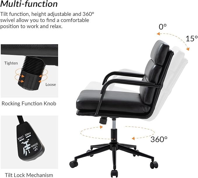 HULALA HOME Modern Faux Leather Home Office Chair with Tilt Lock & Metal Base, Desk Chair with Wheels & Padded Cushion, 360° Swivel Wide Seat Computer Task Chair, Black