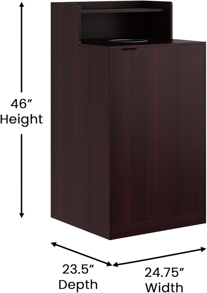 Flash Furniture Dell Trash Can Enclosure with Tray Shelf and 8" Drop Hole, Commercial Grade Trash Receptacle for 32 Gallon Round Cans, Swing Door Access, Mahogany-DeskLoop Office