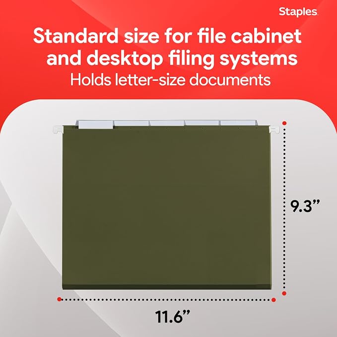 Staples Hanging File Folders, Letter Size, 1/5‑Cut Tabs, Standard Green - Image 3