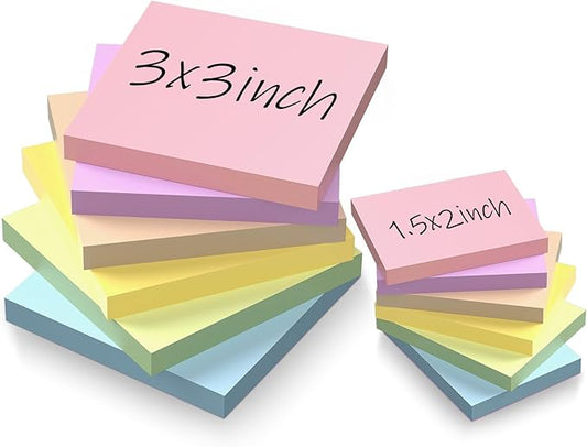 Sticky Notes 3x3in + 2x1.5in Small Sticky Note, 12 Pack 6 Colors Self-Sticky Note Pads | Sticks Strong & Removes Clean | Recycled Paper Cute Sticky Notes to School Supplies, Office Products-DeskLoop Office